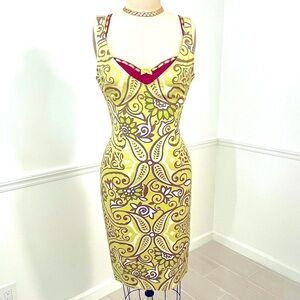 Mid 2000s cocktail dress, vibrant textured fabric.